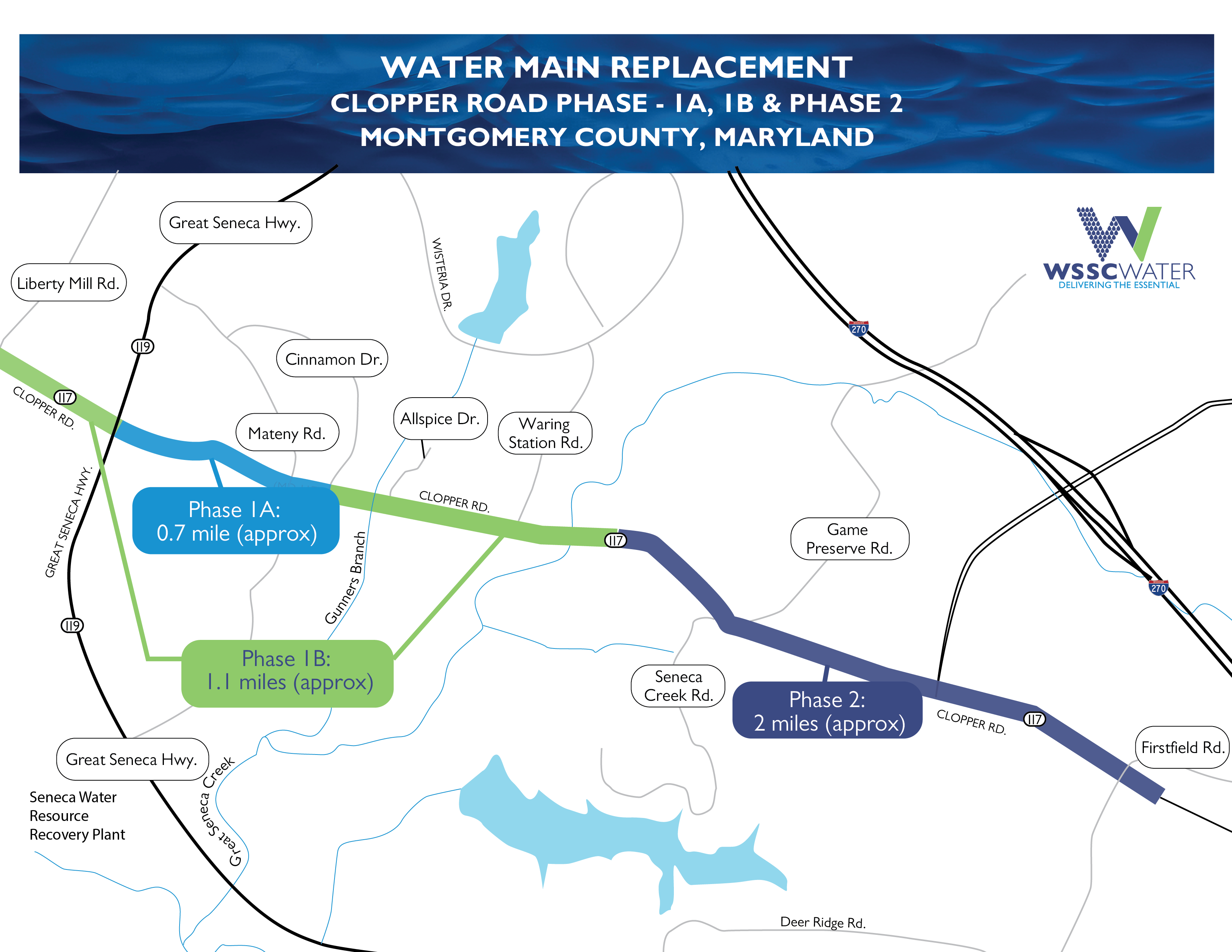 Clopper Road Water Main Replacement Project  - Phases 1A, 1B and 2, Montgomery County, Maryland. Learn more about the phase locations and timelines by reviewing the content of this webpage. 