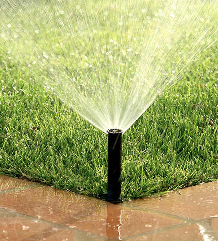 Close-up of a ground-mounted sprinkler head spraying a lawn.