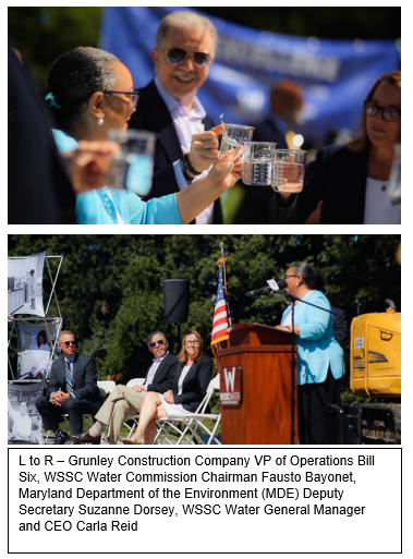 L to R – Grunley Construction Company VP of Operations Bill Six, WSSC Water Commission Chairman Fausto Bayonet, Maryland Department of the Environment (MDE) Deputy Secretary Suzanne Dorsey, WSSC Water General Manager and CEO Carla Reid