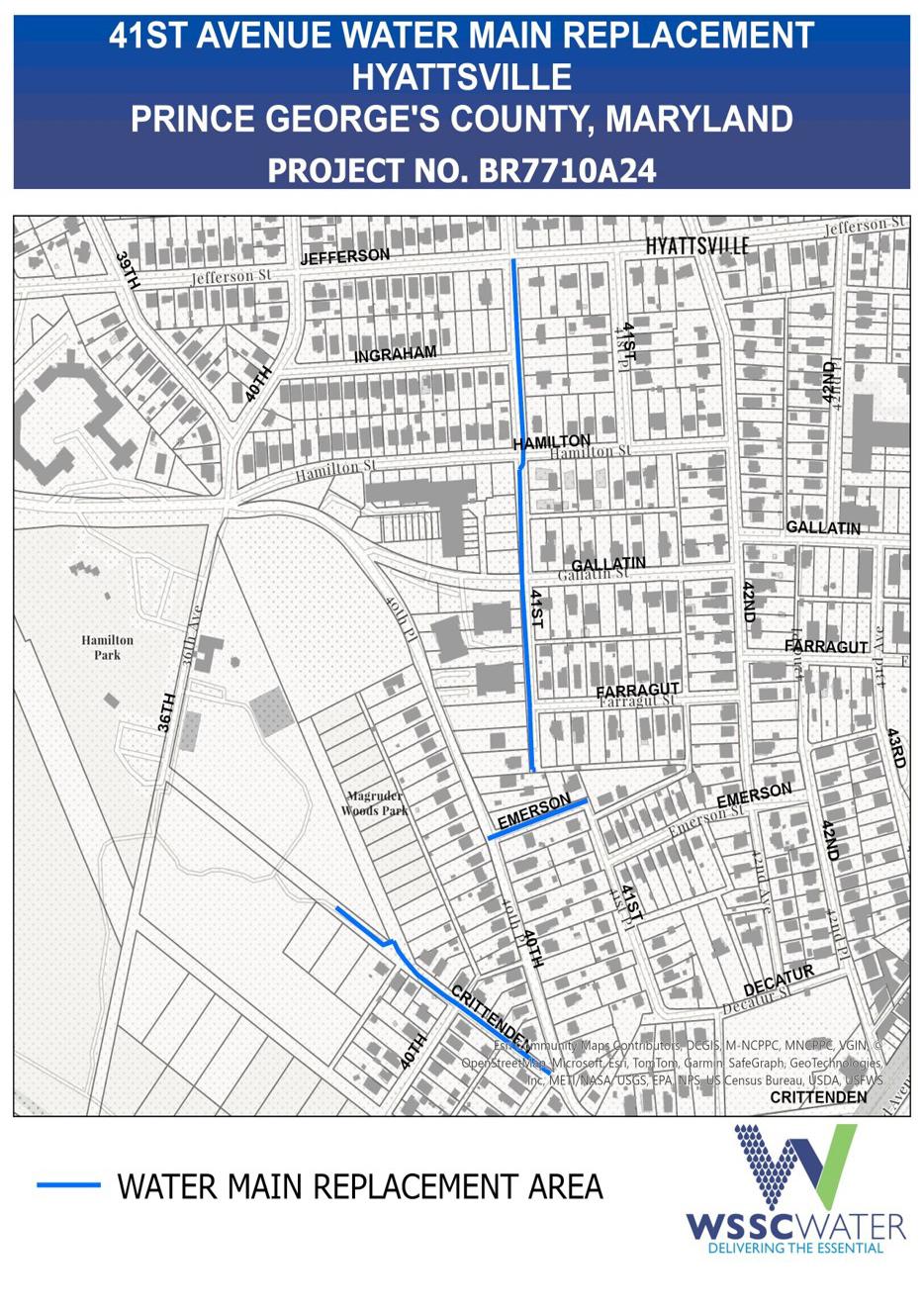 41st Avenue Water Main Replacement Project in Hyattsville, Prince George's County, Maryland. Project Number BR7710A24. The thick lines (in light blue) indicate the locations of the water main replacement areas. 