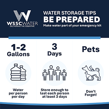 WSSC Water wants you to be prepared with these water storage tips! Make water part of your emergency kit. Store 1-2 gallons of water per person per day. Store enough water to last each person at least 3 days. And don't forget to store water for your pets!