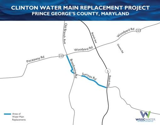 Clinton Water Main Replacement Project, Prince George's County, Maryland. The thick lines (light blue) on Brandywine Road, from Piscataway Road to Surratts Road, and on Surratts Road, from Brandywine Road to Branch Avenue, show the areas of water main replacements. 