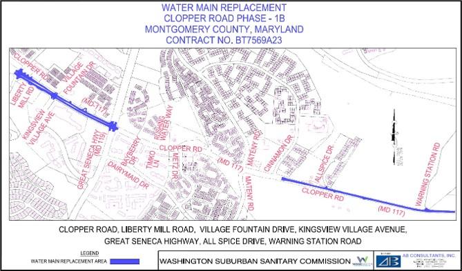 Water Main Replacement, Clopper Road, Phase 1B. Montgomery County, Maryland. Contract Number BT7569A23. The thick lines (purple) along Clopper Road show the water main replacement areas, which stretch from Waring Station Road and past Allspice Drive in one part, and from the Great Seneca Highway intersection to past Liberty Mill Road in the second section. 