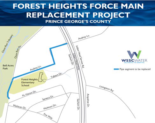 Forest Heights Force Main Replacement Project, Prince George's County. The thick lines on the map (light blue) show the main replacement location, which runs along Audrey Lane from Indian Head Highway to N. Huron Drive. 