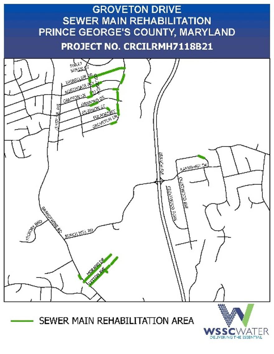 Groveton Drive Sewer Main Rehabilitation Project, Prince George's County, Maryland. Project Number CRCILRMH7118B21. The thick lines (green) on the map show the sewer main rehabilitation areas. 