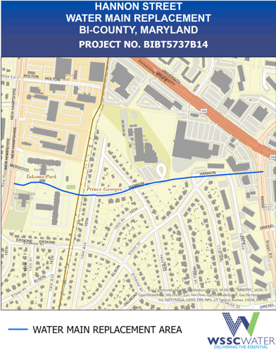 Hannon Street Water Main Replacement, Bi-County, Maryland. Projcet Number BIBT5737B14. The thick line (light blue) shows the water main replacement area, which runs the length of Hannon Street, from University Boulevard in Montgomery County to Route 212 in Prince George's County. . 