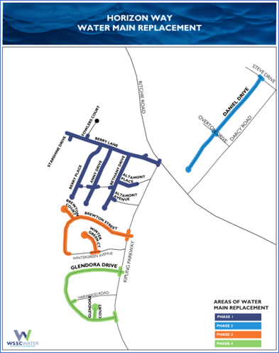 Horizon Way Water Main Replacement. Phase 1 includes Berry Ln., Fowlers Ct., Starshine Dr., Berry Pl., Anny Dr., Bethany Dr., Altamont Pl., &amp; Altamont Ave. Phase 2 is Daniel Dr. Phase 3 includes Brewton St., Brewton Ct., &amp; Winter Green Ct. Phase 4 is Glendora Dr. and Glendora Ct.