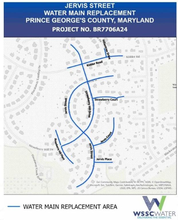 Jervis Street Water Main Replacement Project, Prince George's County, Maryland. Project Number BR7706A24. The thick lines (light blue) on the map show the water main replacement areas. The roads marked are Jervis St., Jervis Pl., Jervis Ct., Strawberry Hill Dr., Strawberry Hill Pl., Strawberry Ct., Kidder Rd., and Hillantrae Dr.