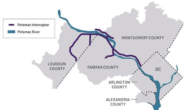 Map of the Potomac Interceptor, which runs through Loudon and Fairfax counties in Virginia and Montgomery County in Maryland. 