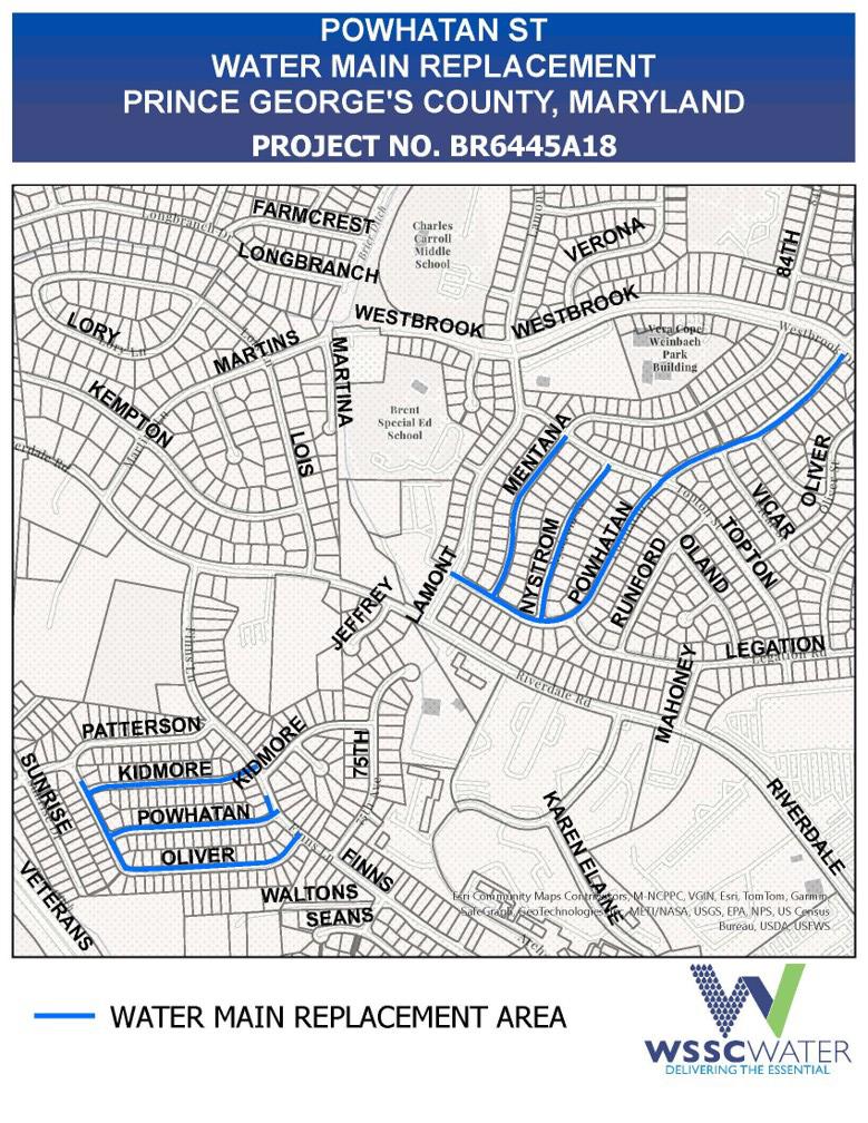 Powhatan Street Water Main Replacement Project, Prince George's County, Maryland. Project Number BR6445A18. The thick lines (light blue) on the map show the water main replacement areas on the following roads: Kidmore, Powhatan, Oliver, Mentana, Nystrom, and Powhatan.. 