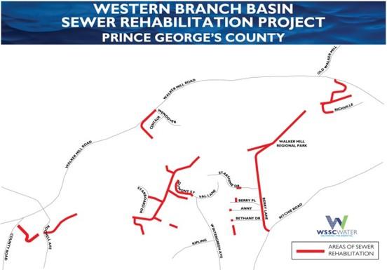 Western Branch Basin Sewer Rehabilitation Project, Prince George's County. The thick lines (red) show the areas of sewer rehabilitation.