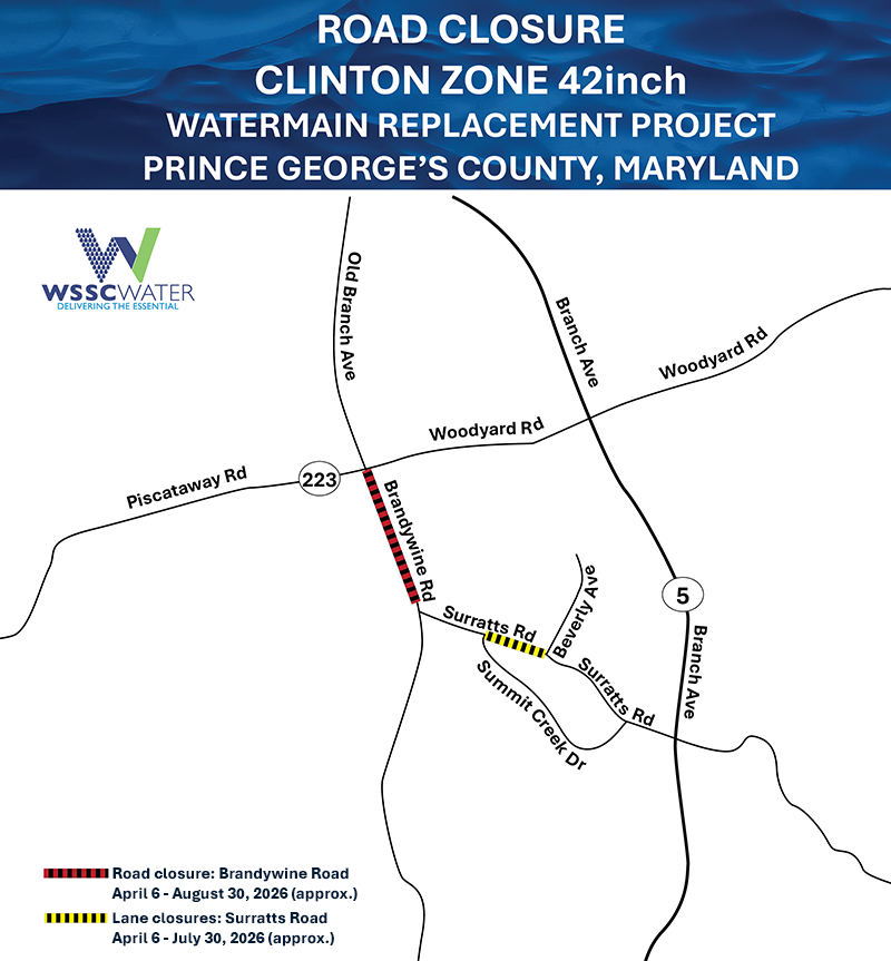 Road Closure Map for Clinton Zone 42-Inch Watermain Replacement Project, Prince George's County, Maryland. The red/back line, which runs along Brandywine Rd. from the intersection of Brandywine Rd./Old Branch Ave. and Piscataway Rd./Woodyard Rd., shows where the road will be closed April 6-August 30, 2026 (aproximately). The yellow/black line, which runs on Surratts Rd. from Summit Creek Dr. to Beverly Ave., shows where a lane in each direction will be closed April 6-July 30, 2026 (approximately). 