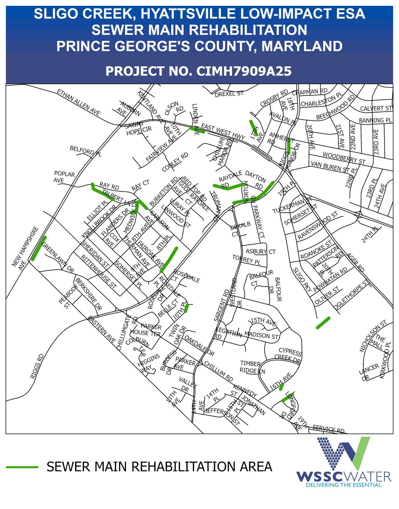 Sligo Creek, Hyattsville Low-Impact ESA Sewer Main Rehabilitation Project, Prince George's County, Maryland. Project Number CIMH7909A25. The thick lines (light green) show the sewer main rehabilitation areas. 