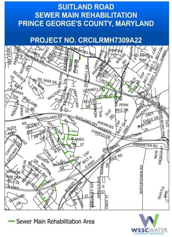 Suitland Road Sewer Main Rehabilitation Project, Prince George's County, Maryland. Project Number CRCILRMH7309A22. The thick lines (light green) show the sewer main rehabilitation areas. 
