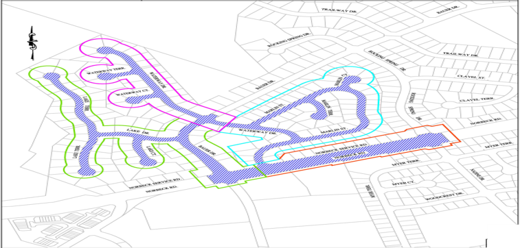 Waterway Drive Water Main Replacement Project Area. The blue striped areas on this map indicate the areas of water main replacement. These directly affected roadways include: Marlin Street, Marlin Terrace, Waterway Drive, Bauer Drive, Lake Drive, Lake Court, Lake Terrace, Norbeck Service Road, and Rocking Spring Drive. 