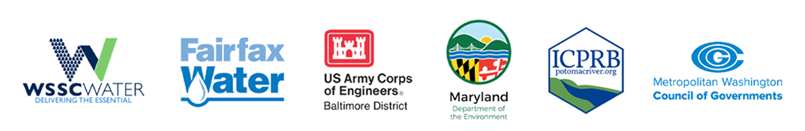 Logos for the following organizations: WSSC Water, Fairfax Water, U.S. Army Corps of Engineers - Baltimore District, Maryland Department of the Environment, Interstate Commission on the Potomac River Basin, and the Metropolitan Washington Council of Governments