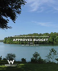 Picture of our Approved Budget for 2021 Cover Page with white text over a water nature area
