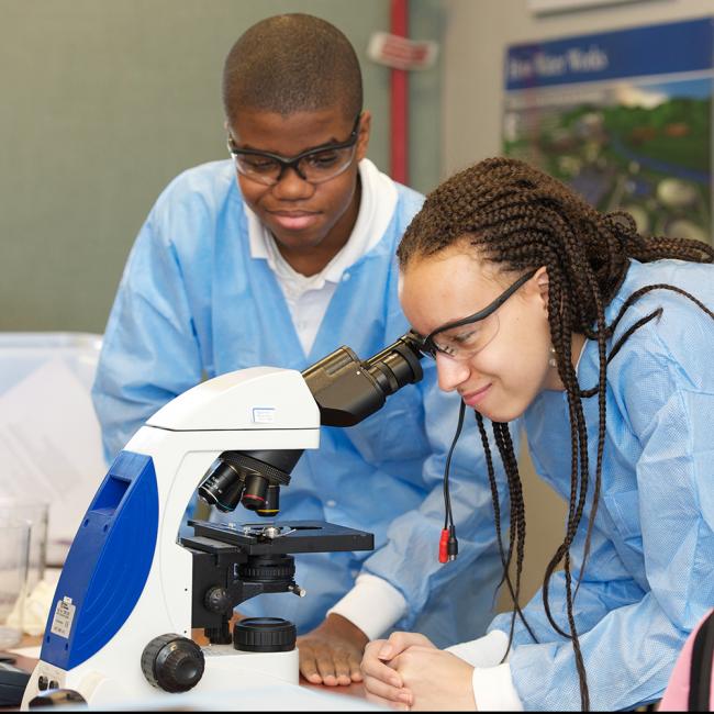 students working with a microscope