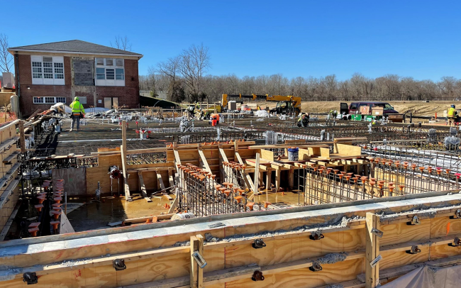 Workers are preparing for the slab pour at the Solids Building (two of two slides)