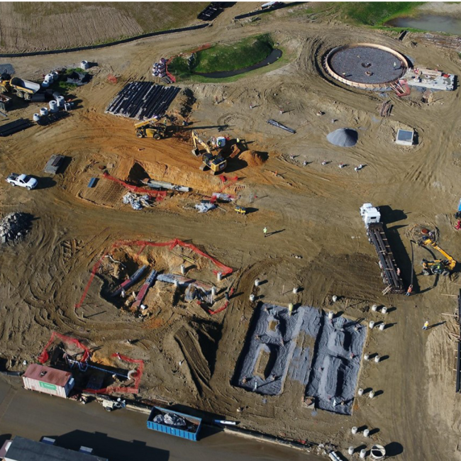 This is the Combined Heat & Power (CHP), Gas Treatment and Gas Storage area of the project site. At the top of the photo they have prepared to pour the foundation (round structure) that will support the Gas Storage bubble.