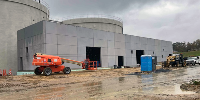 The prefabricated walls have been put in place on the Digester Control Building.