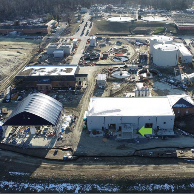 This view of the back side of the Solids Building shows the structure that will support the Screening Equipment.  Sludge from the Piscataway Plant will be processed through this equipment to assure that all the solid particles will be below a certain size suitable for the Thermal Hydrolysis Process (Cambi).