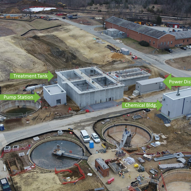 Photo of the Sidestream Treatment Area showing the Pump Station, Treatment Tanks, Power Distribution Center and Chemical Building.