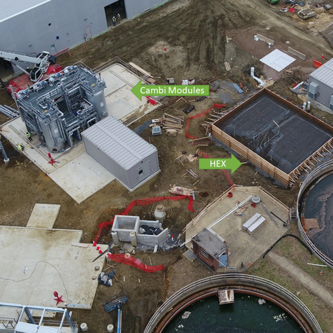 In the center of this photo is the formwork set up for the concrete pour on the Heat Exchanger (HEX) pad.  The Heat Exchanger equipment is used to cool down the sludge that comes out of the Cambi process on its way to the Anaerobic Digesters.  Also in this photo you can see the concrete pad extended next to the Cambi equipment.  The two additional Cambi modules will be delivered to the site this week and set up here.