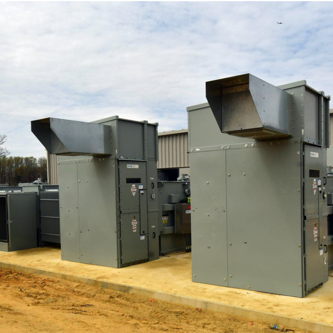 These are the transformers that sit outside the Power Distribution Center next to the generators.