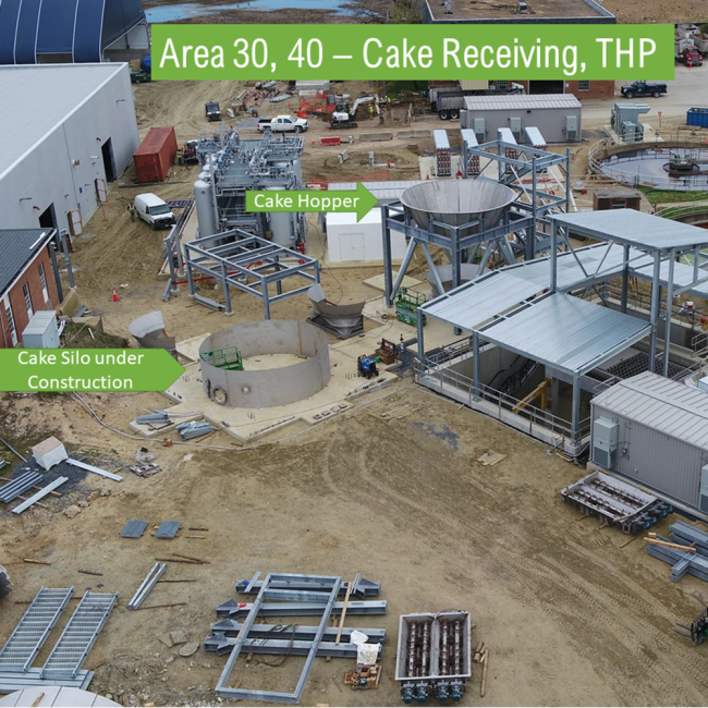 At the Cake Receiving Facility, once the Cake Silo is constructed it will be lifted in place on top of the Cake Hopper.  Then a second similar structure will be built on the pad where the first silo is currently being assembled.