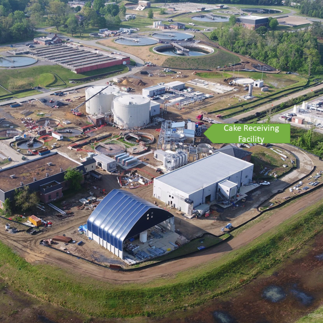 Aerial photo of the project site taken on May 2, 2022.  The most visible progress this past month is in the area of the Cake Receiving Facility.  This is where the sludge from the other WRRF’s is unloaded to begin processing.