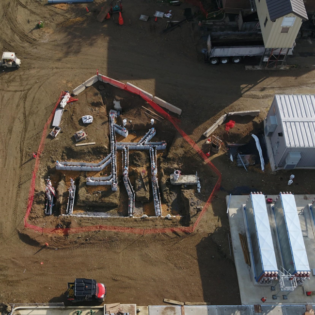 This underground pipe network is being installed below what will be the slab for the Ultraviolet (UV) Treatment Facility next to the Heat Exchangers.