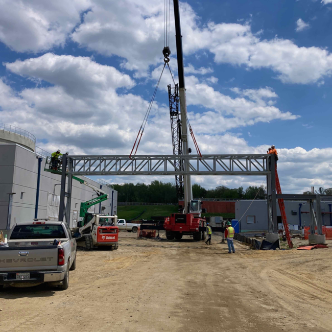 This pipe bridge crosses the road between the Digester area and the Boilers.  It will support the overhead pipes carrying gas and steam to the Combined Heat & Power area.