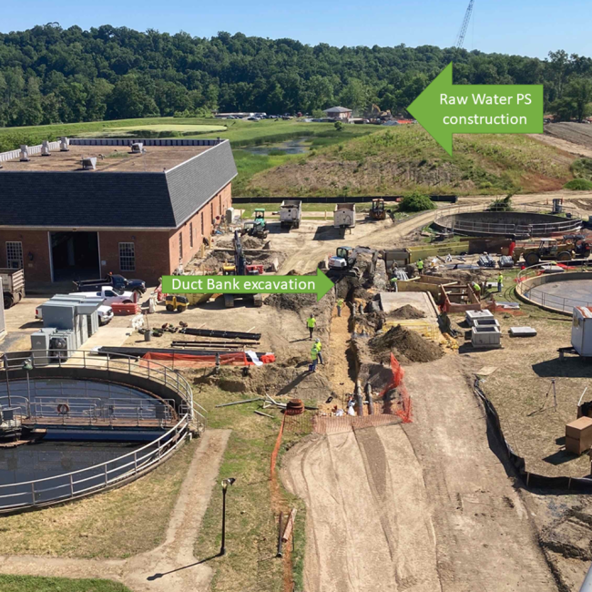 In the middle of the photo workers are excavating a trench for the electrical duct bank that will provide power to the Ultra Violet disinfection system.  Back in the distance you can see work going on at the Raw Water Pump Station Project site (separate project).