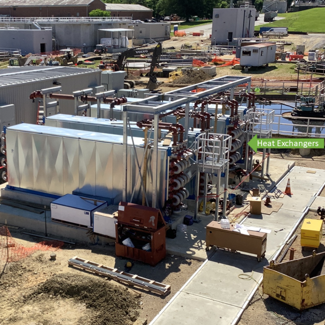 The equipment on the right is the Heat Exchangers (HEX).  This is used to cool the sludge as it goes from the Cambi process to the Anaerobic Digestion process.