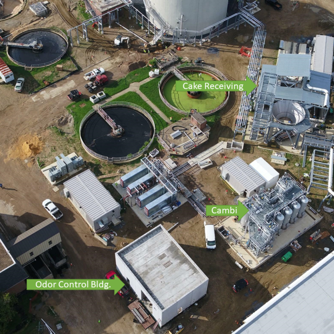 Overhead shot of the Cake Receiving, the Cambi THP (thermal hydrolysis process), and the Odor Control Building.