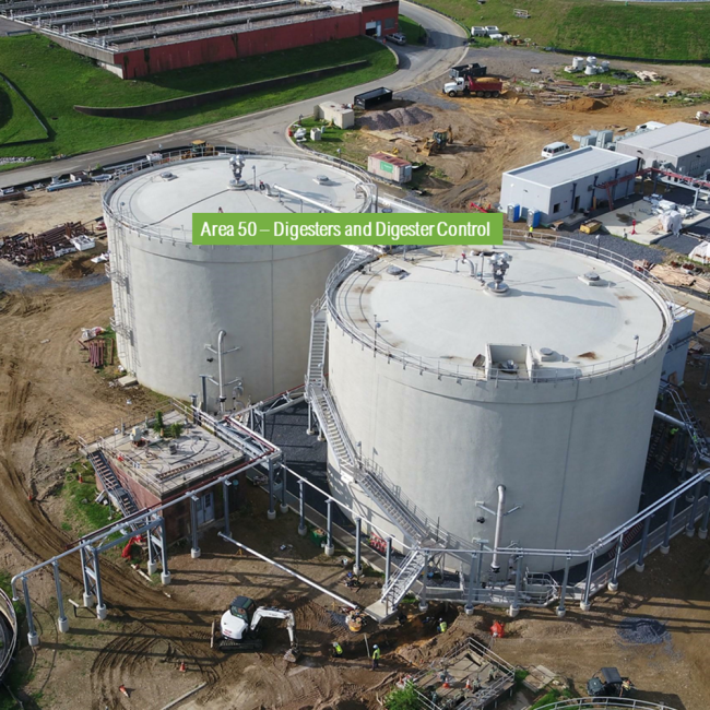 Current view of the Anaerobic Digesters with all the pipe racks, process piping, and digester gas piping.