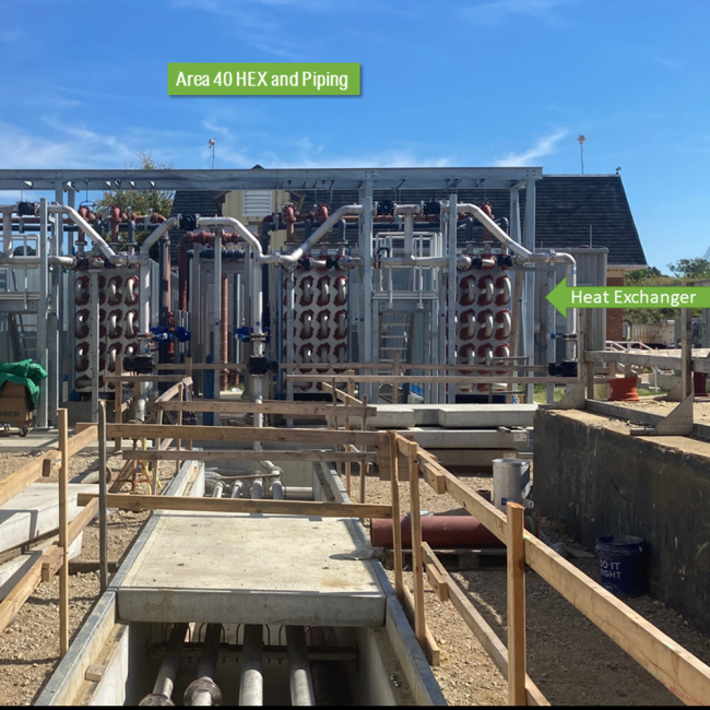 Last month the Heat Exchanger (HEX) was in place.  Now the piping is connected and is running through the trench toward the Cambi Thermal Hydrolysis equipment.  The HEX takes heat from the process flow between the Thermal Hydrolysis and the Anaerobic Digestion processes.  The heat is used in the Boilers.