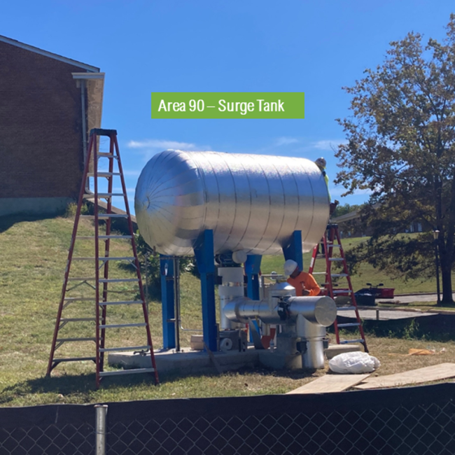 Workers installing the new surge tank near the Filter Building.