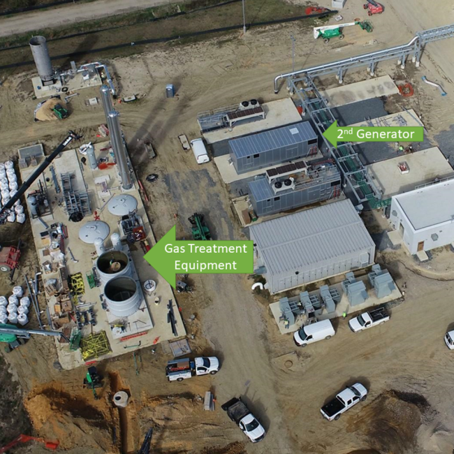 Aerial view of the Combined Heat & Power Area and Gas Treatment Area.  The second generator was put in place this month.
