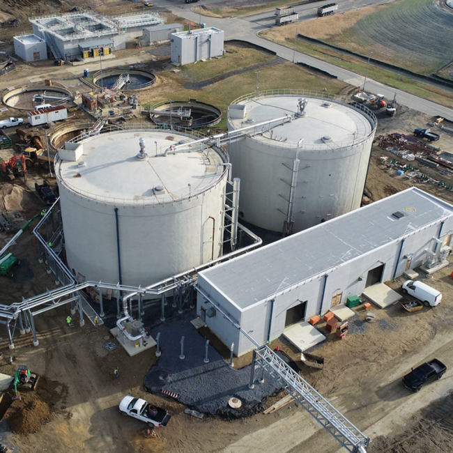 Overhead view of anaerobic digesters and digester control building