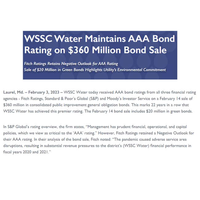WSSC Water Maintains AAA Bond Rating on $360 Million Bond Sale