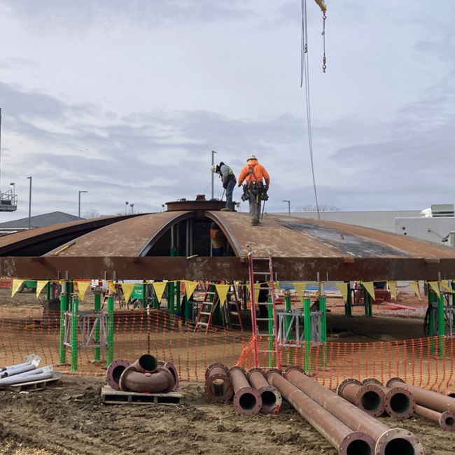 Work has begun on the Dome Cover assembly that will be placed over the Digested Sludge Storage Tank next to the digesters.