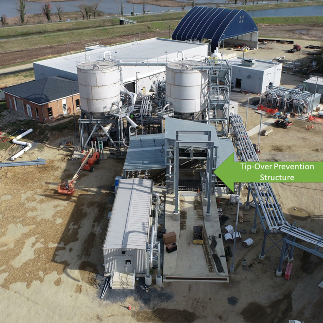 The Tip-Over Prevention Structure was set in place at the Cake Receiving Facility this month.  It’s extra precaution to prevent trucks from tipping when their beds are fully extended dumping their loads.