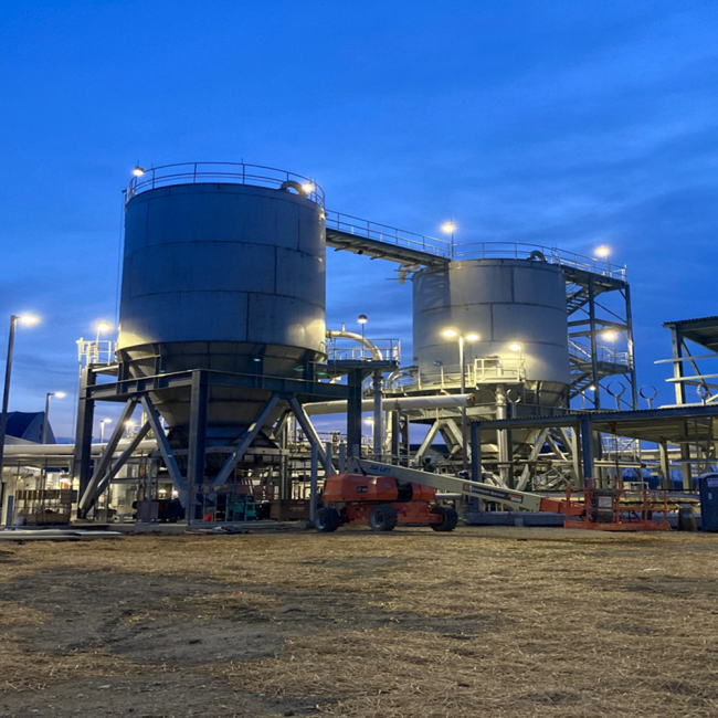 Early morning photo of the Cake Bins at the Cake Receiving Facility.