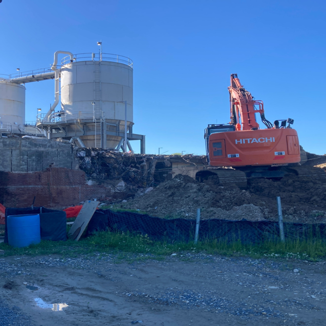Closer view of the demolition work on the old Dewatering Building, Building “A”.