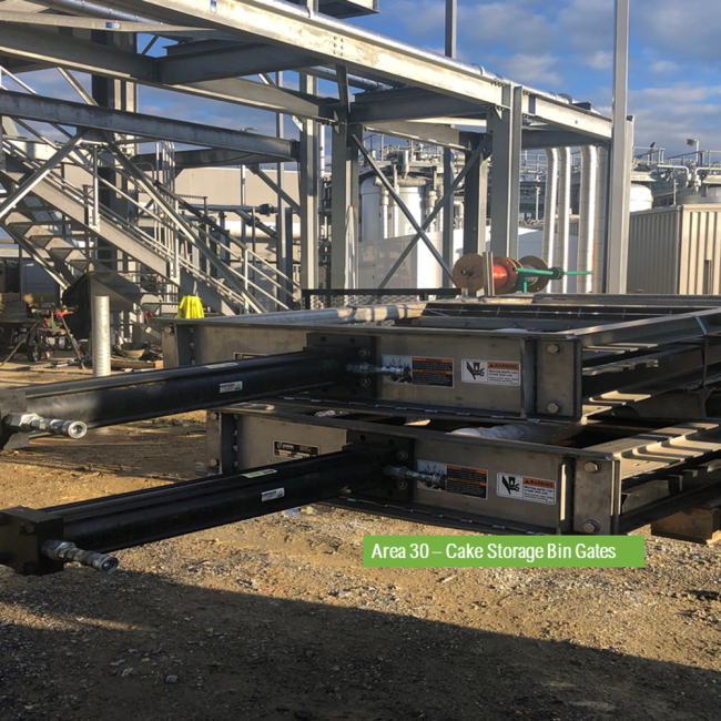 The two new gates that will be installed on the storage bins at the Cake Receiving Facility.