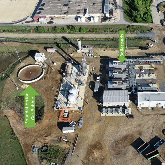 At the Combined Heat & Power and Gas Handling area, the foundation slabs are ready to soon receive the new boilers.  The foundation for the Gas Bubble is also prepared and that work will progress through the next month.