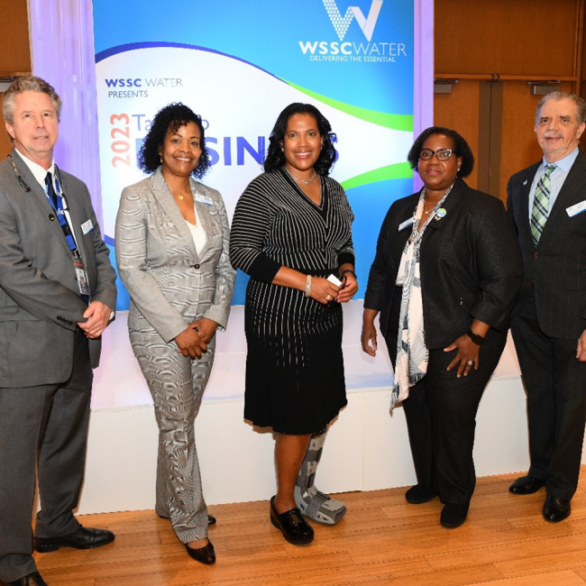 (From left to right) Deputy General Manager Joseph Beach, Chief Administrative Officer Cristi Bickham, General Manager Kishia Powell, Commission Vice Chair Regina Speed-Bost, Commission Chair Fausto Bayonet