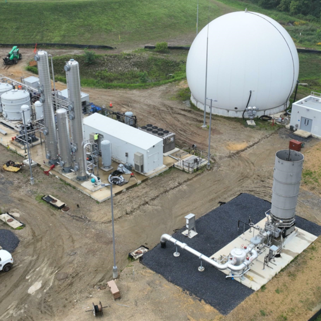 Aerial view of the Gas Treatment Facility, the Gas Storage Bubble, and the Gas Flare.
